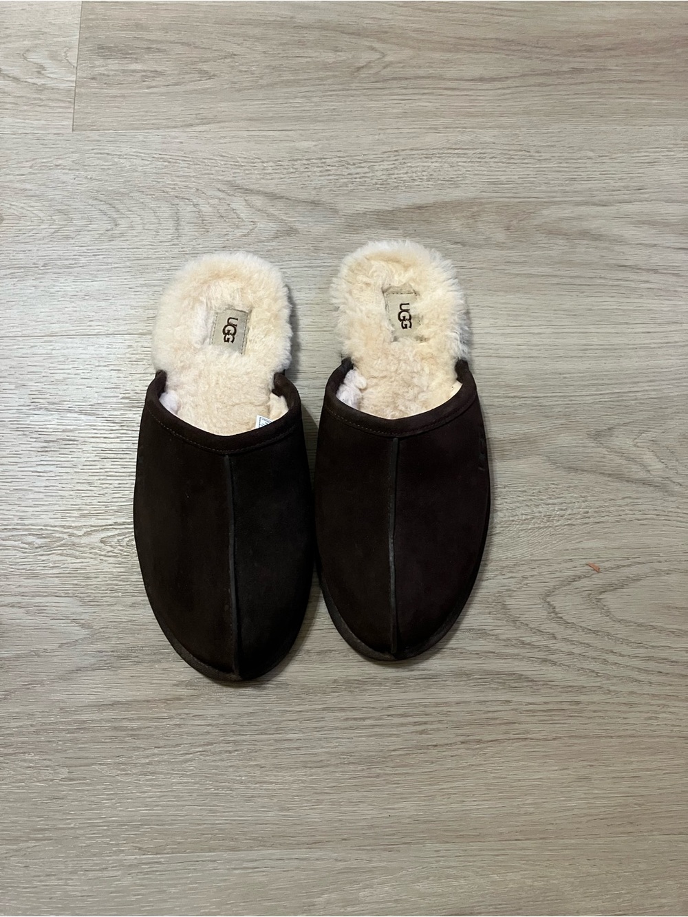 UGG Men’s Chocolate Brown Suede Shearling Slip-On Mules